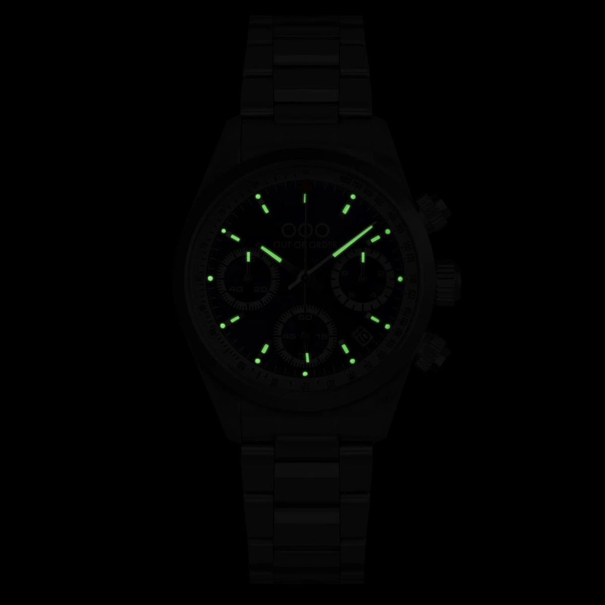 Out of Order sporty chronograph wristwatch with dark dial and green luminous hands