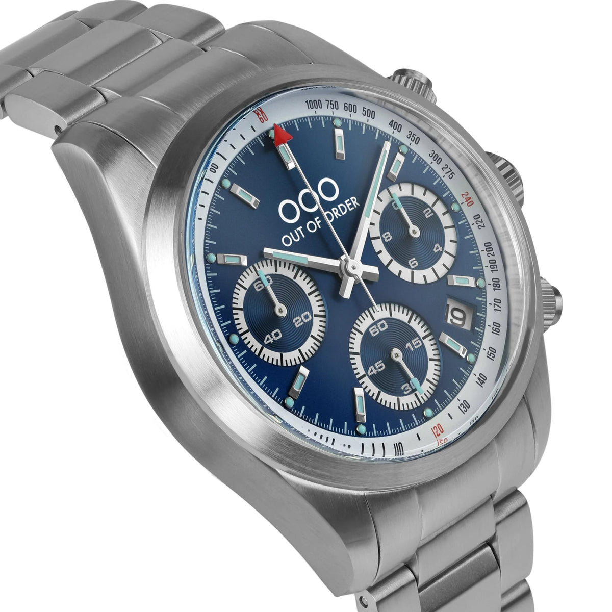Out of Order chronograph quartz wristwatch with blue dial and stainless steel bracelet