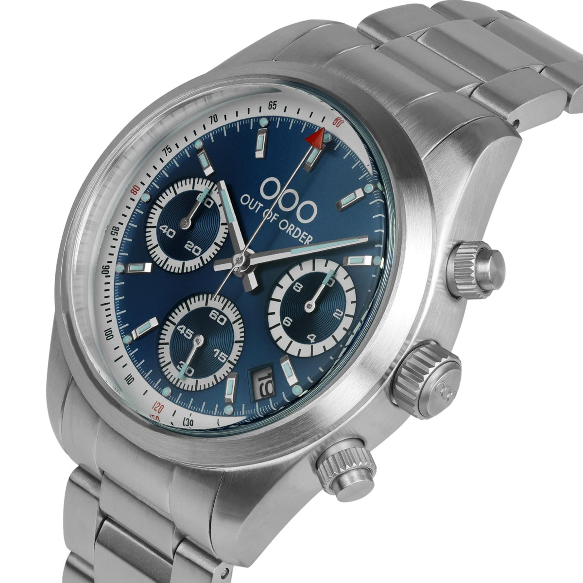 Out of Order chronograph wristwatch with blue dial, three subdials, and steel case