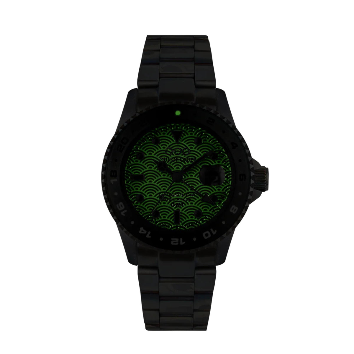 Men's wristwatch with black case and bracelet, green dial, bold indices, and ridged bezel