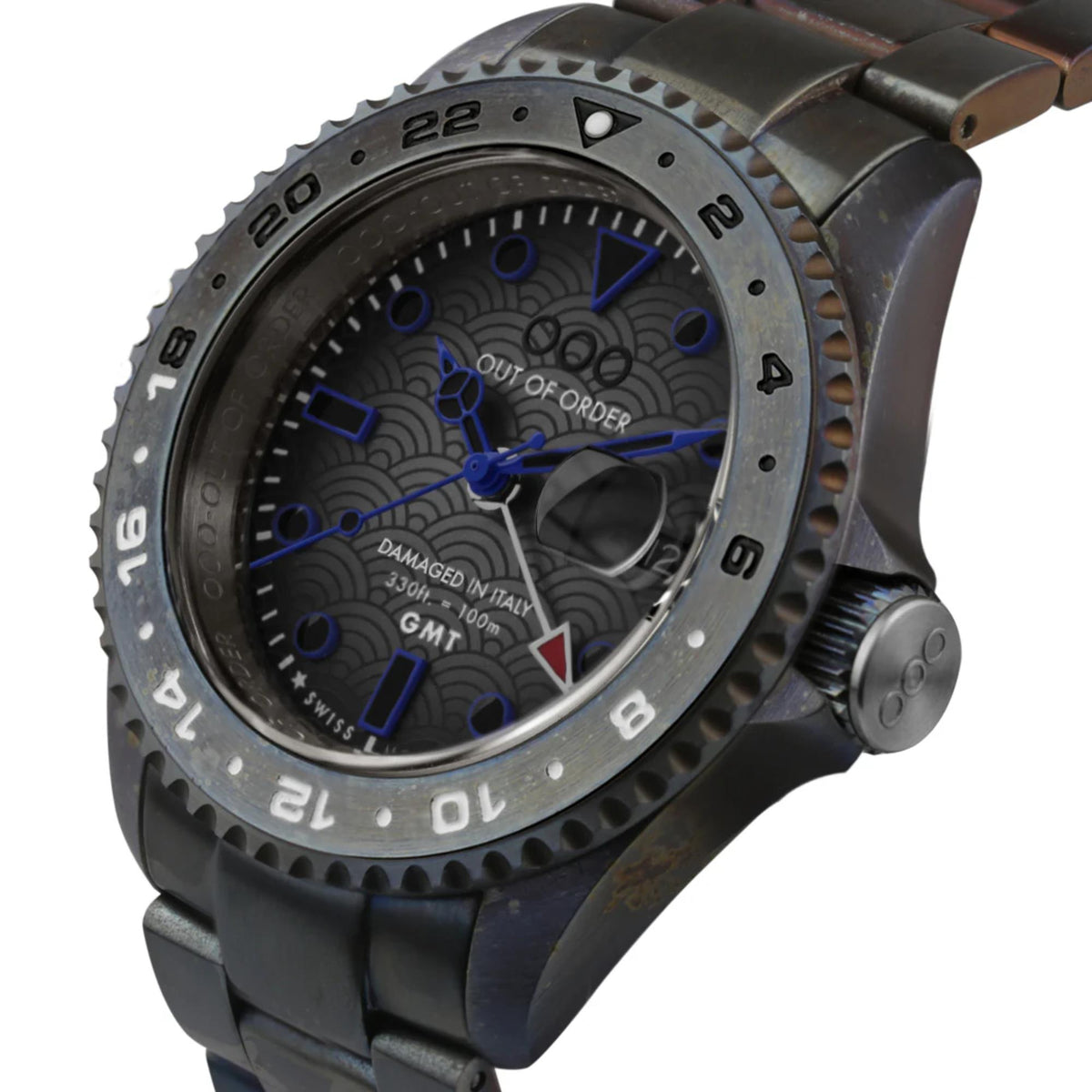 Men's GMT-style wristwatch with dark grey case, blue dial, crown at right, ridged bezel