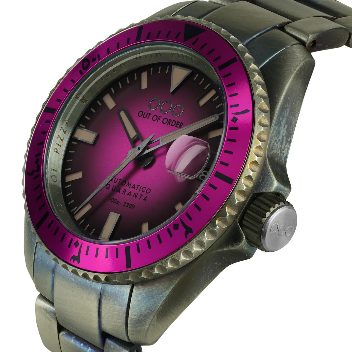 Men's automatic watch with magenta dial, magenta bezel, steel bracelet, date window
