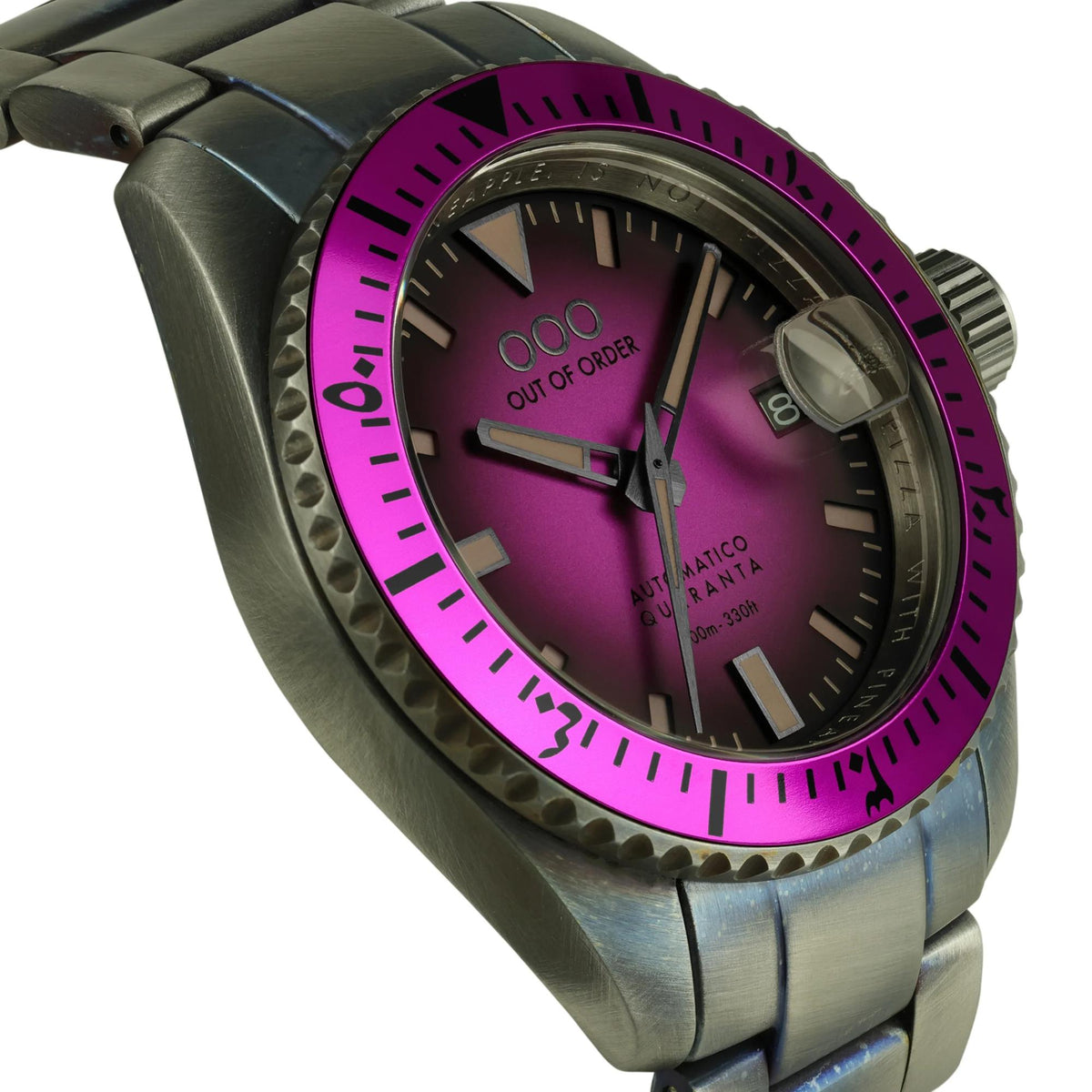 Men's automatic watch with magenta dial and bezel, steel strap, hour markers