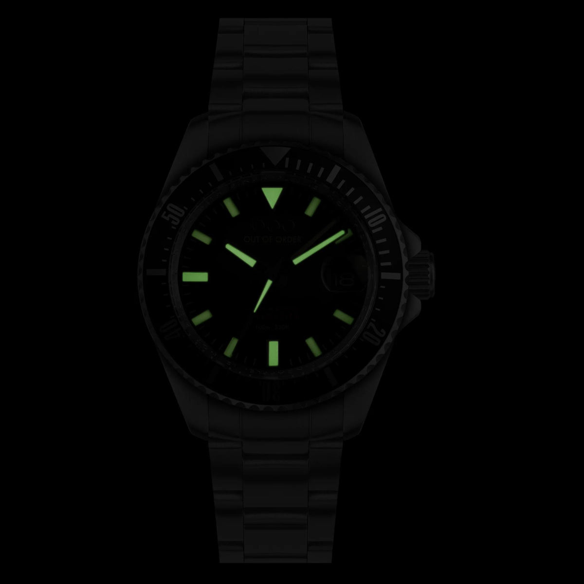 Men's black dial automatic watch with green lume markers and dark metal bracelet