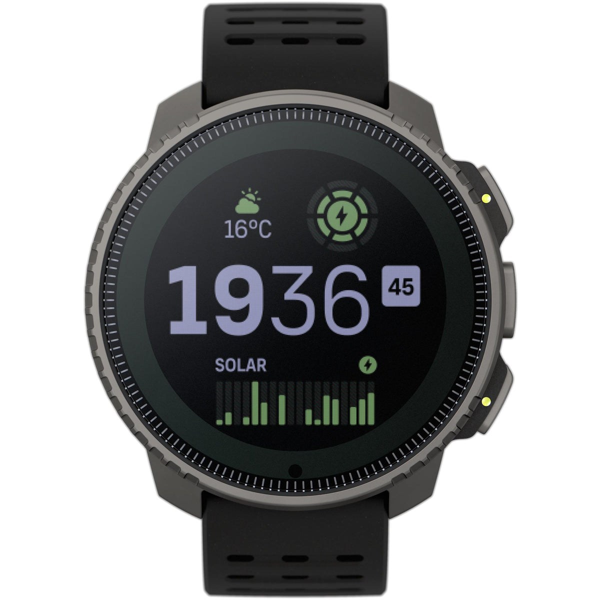 Suunto Vertical Titanium Solar Black SS050858000 front view displaying digital solar charging and time display