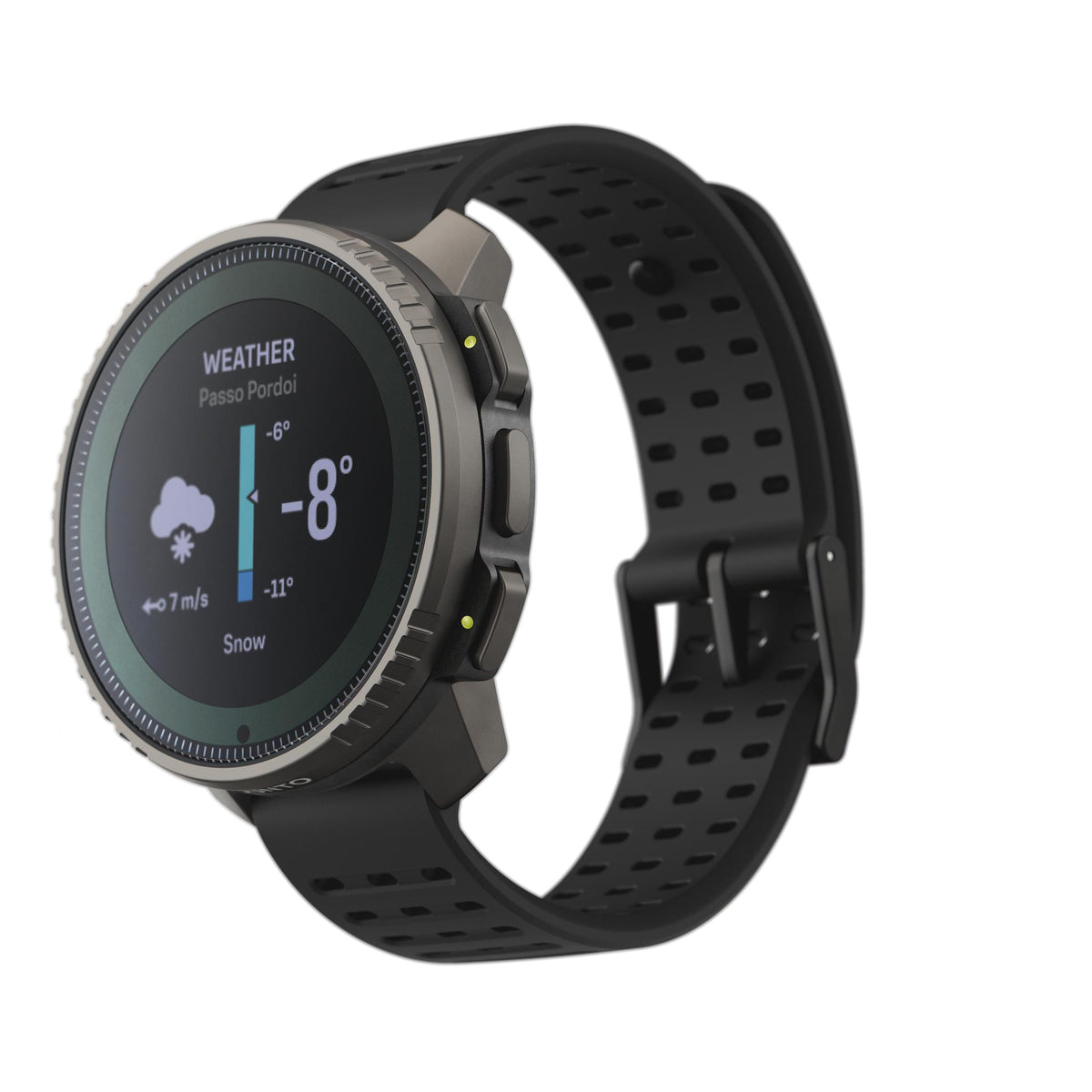 Suunto Vertical Titanium Solar Black SS050858000 side perspective featuring weather forecast display and buckle fastening