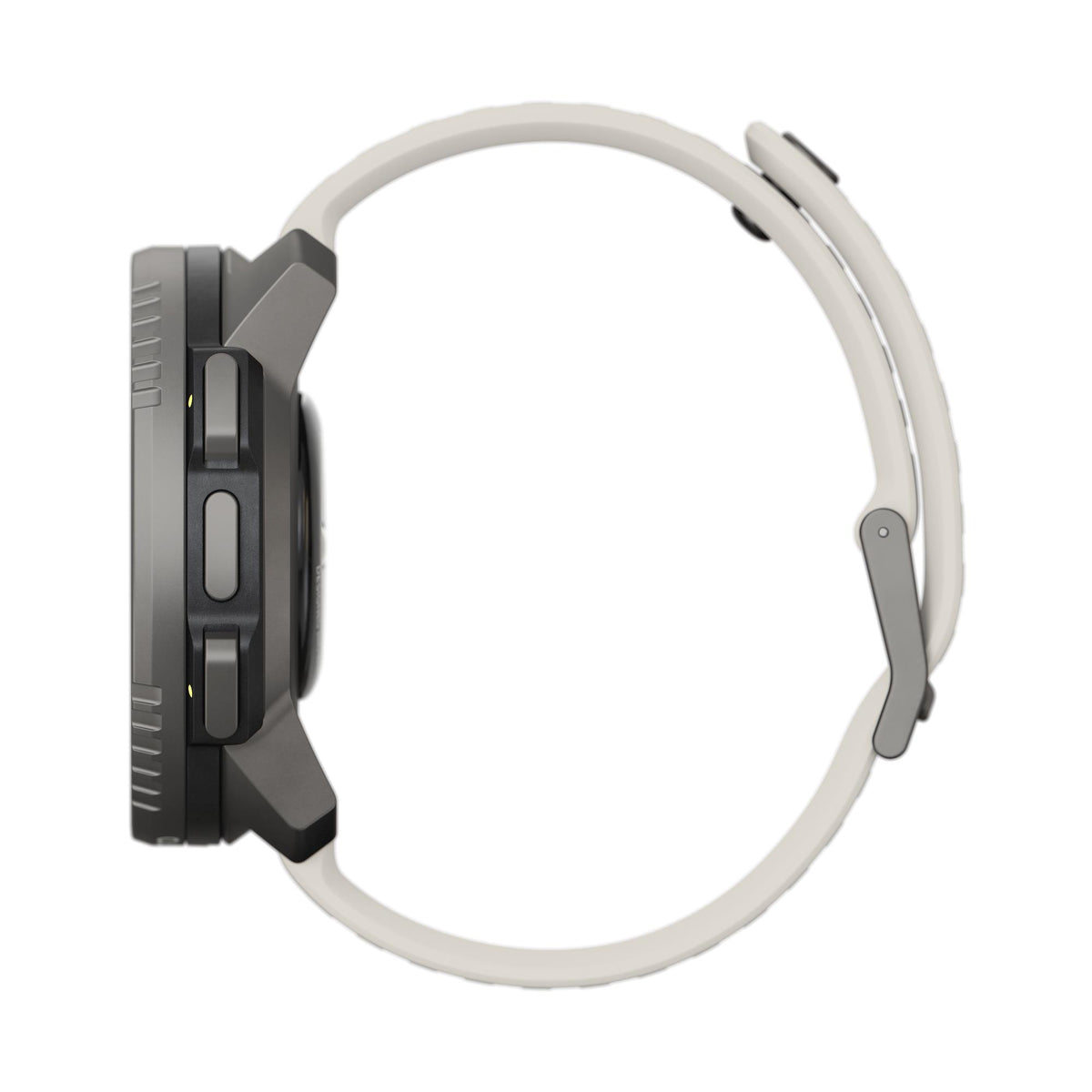 Side profile view of the Suunto Vertical Titanium Solar Sand watch showcasing its case thickness and matching buckle clasp