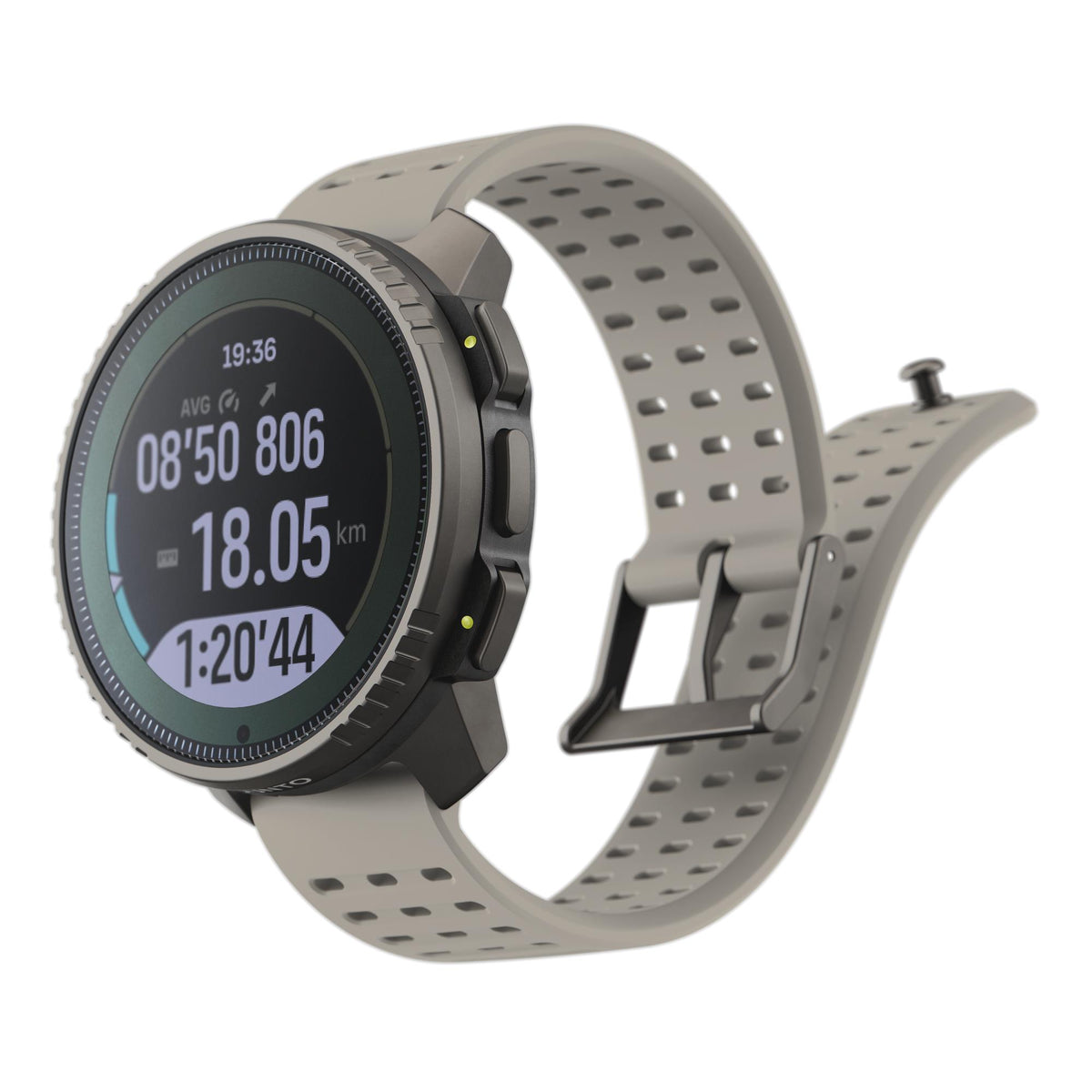 Angled view of the Suunto Vertical Titanium Solar Sand watch face displaying running pace and workout duration metrics