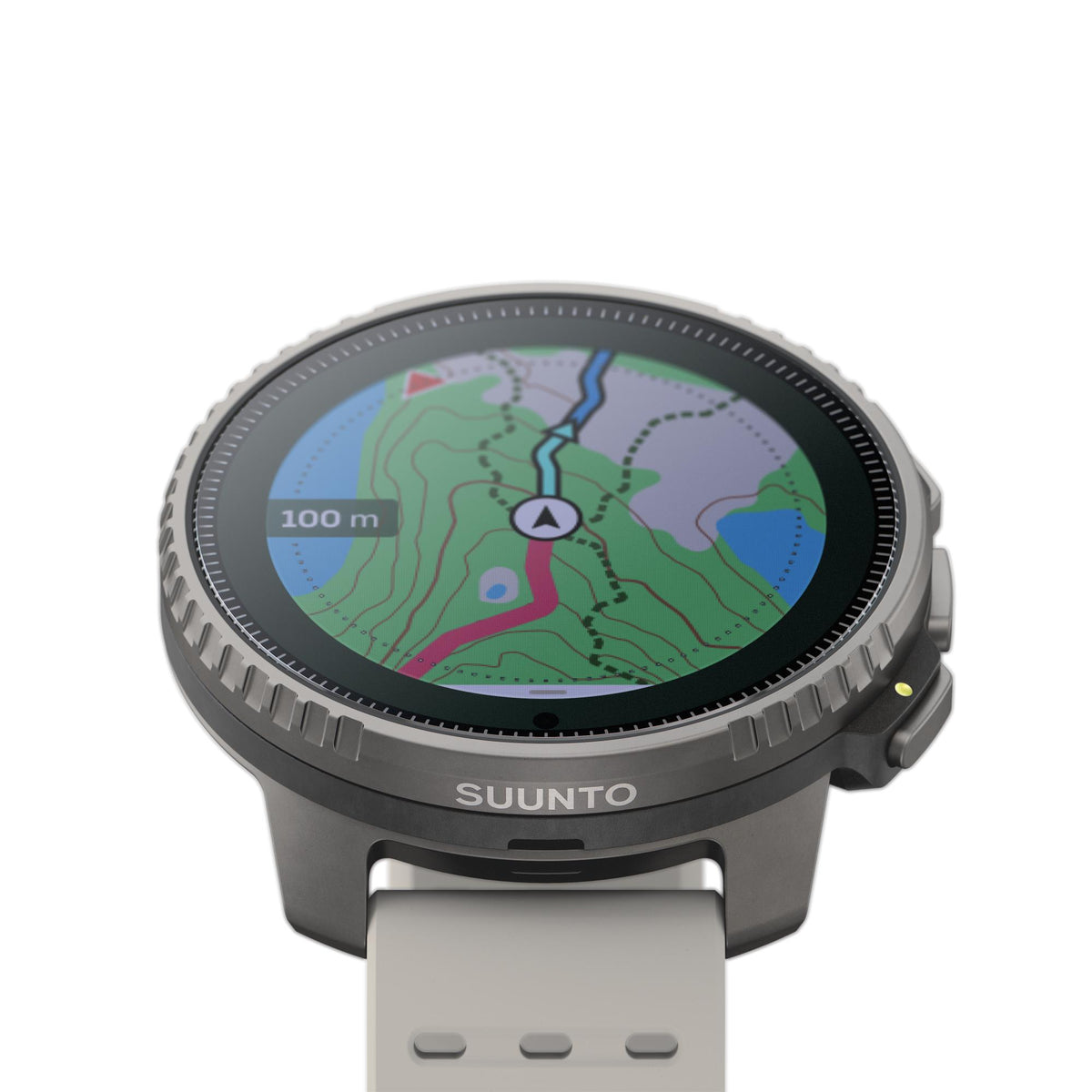 Suunto Vertical Titanium Solar Sand watch focusing on a vibrant topographical map interface