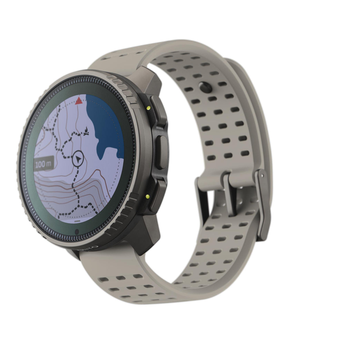 Angled view of the Suunto Vertical Titanium Solar Sand watch highlighting its navigation tracking screen and perforated silicone strap