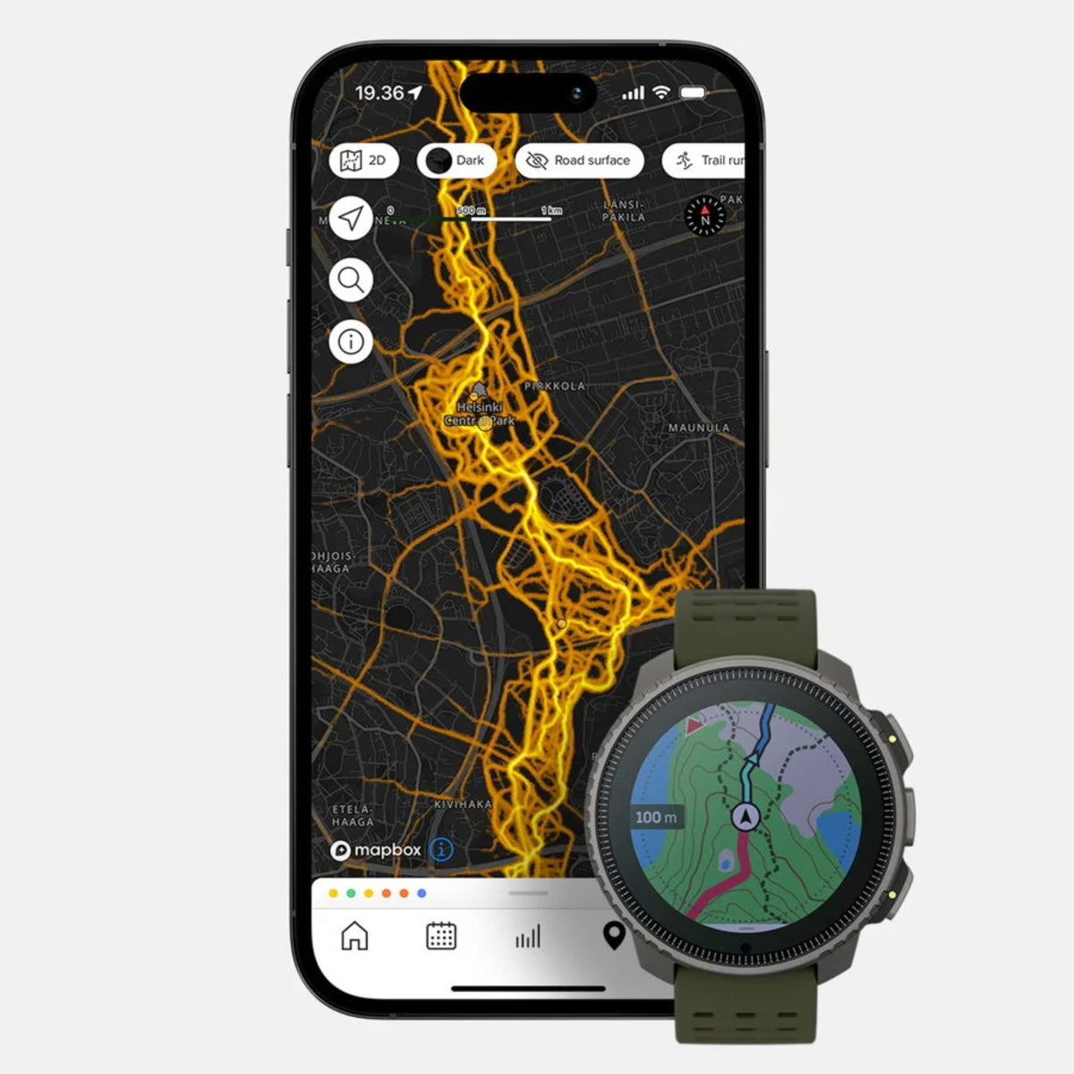 Suunto Vertical Titanium Solar Forest SS050859000 map navigation display shown next to a mobile phone app screen