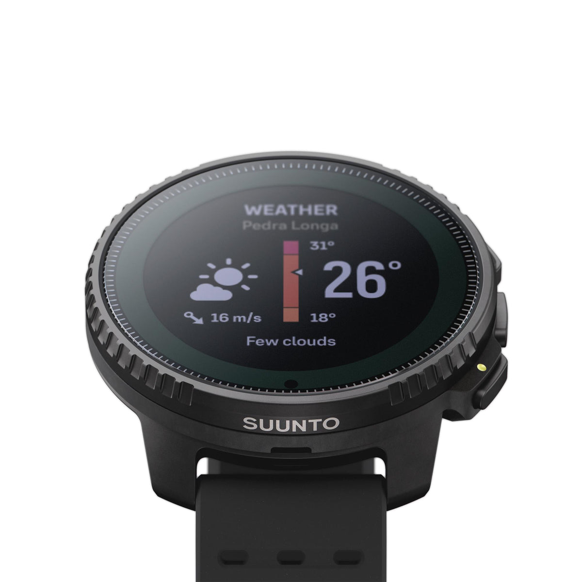 Suunto Vertical Solar All Black SS050978000 top angle close up showing weather application screen