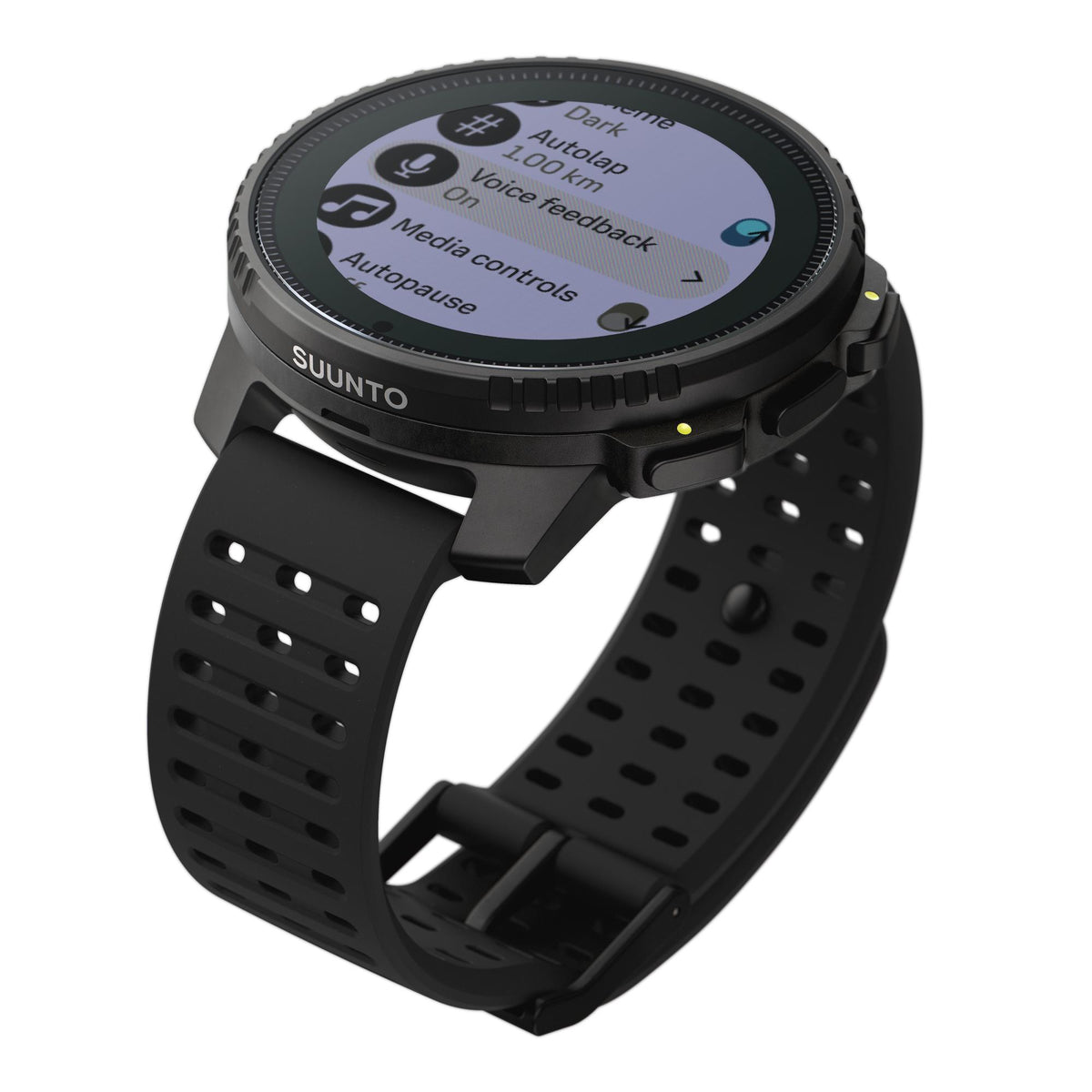 Suunto Vertical Solar All Black SS050978000 high angle view showing settings menu details and black silicone strap buckle