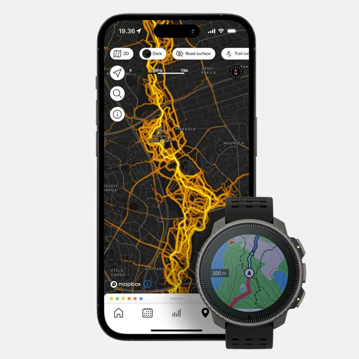 Suunto Vertical Solar All Black SS050978000 app integration view showing watch map syncing with smartphone interface