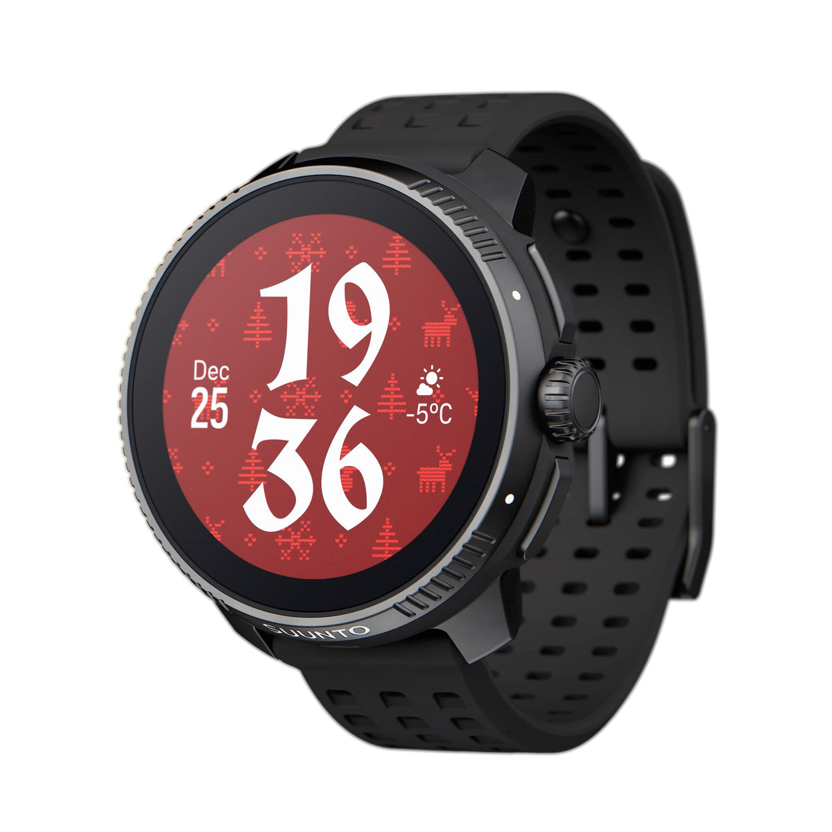 Angled view of Suunto Race All Black digital silicone smart watch SS050929000 showing a red holiday-themed interface