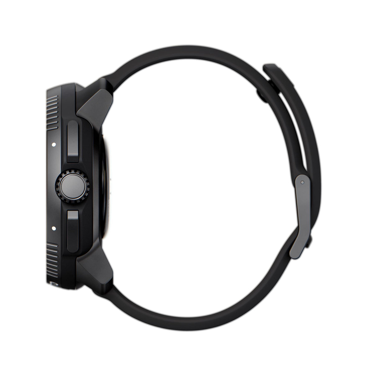 Side profile of Suunto Race All Black watch highlighting the crown and side pushers