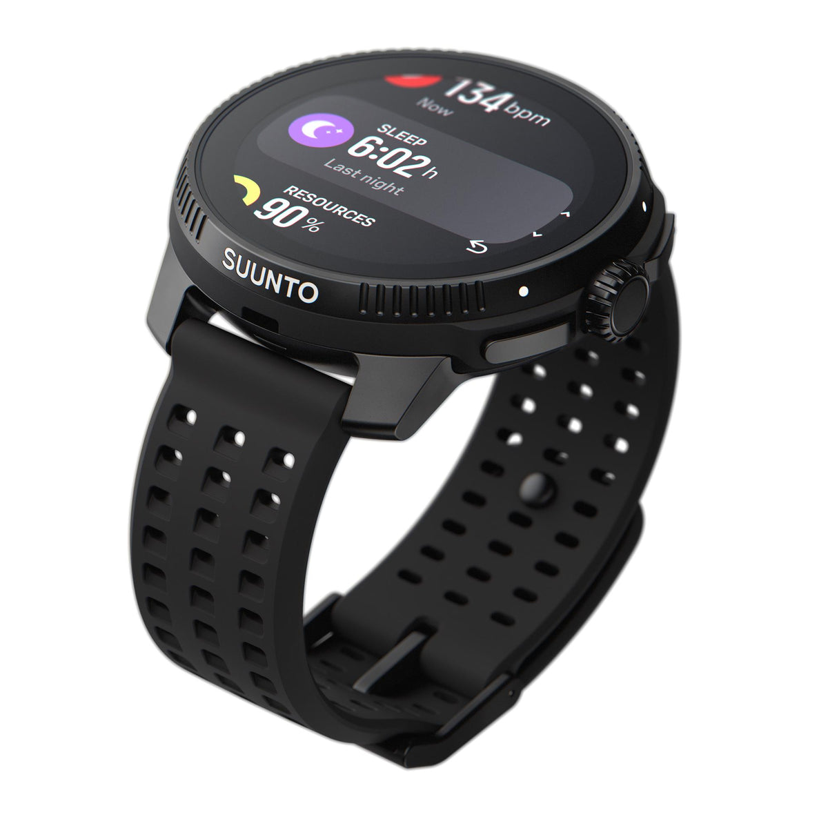 Angled view of the Suunto Race All Black watch face displaying a breakdown of sleep tracking data and resource percentages