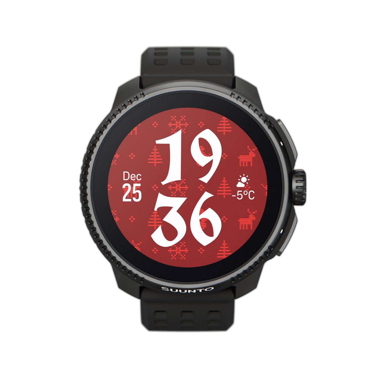Suunto Race All Black Digital Silicone Smart Watch SS050929000 showcasing a red festive display design