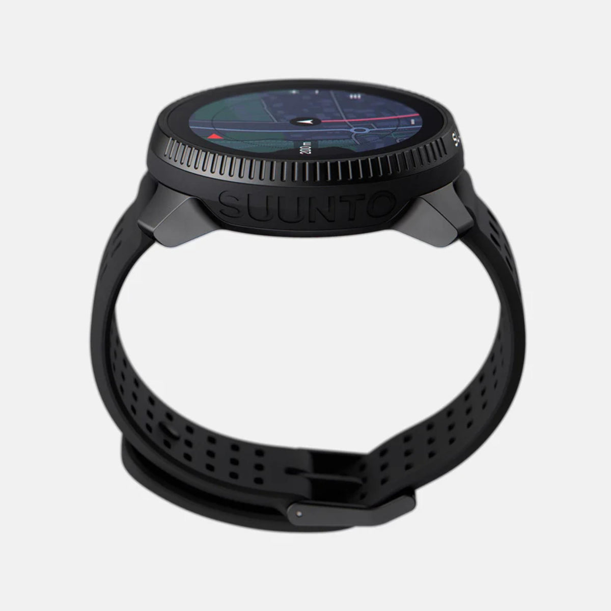 Side profile shot focusing on the case thickness, textured bezel edge, and loop structure of the Suunto Race All Black watch strap