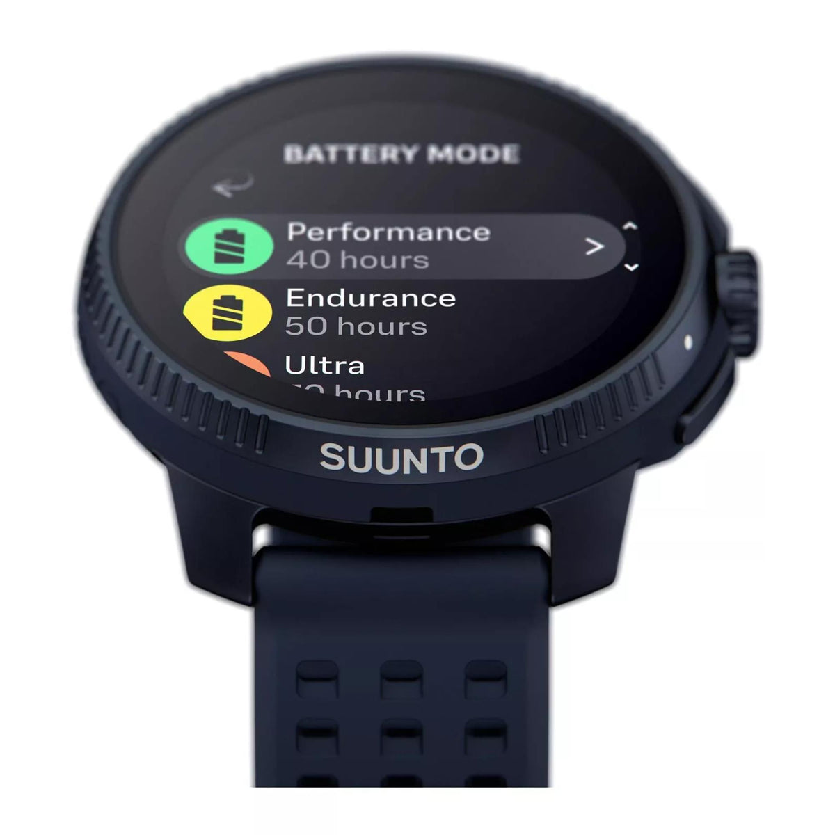 Suunto SS050930000 Race Midnight watch showcasing the battery mode menu.