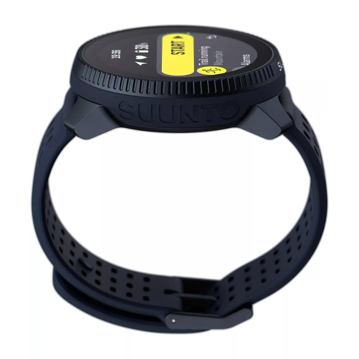 Side profile of Suunto SS050930000 Race Midnight watch focusing on the crown and textured bezel