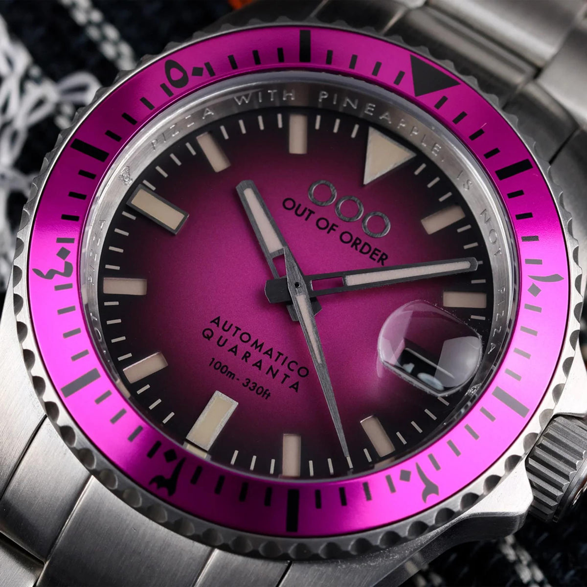 Men's Out of Order automatic watch with magenta dial, steel case, and magenta bezel.