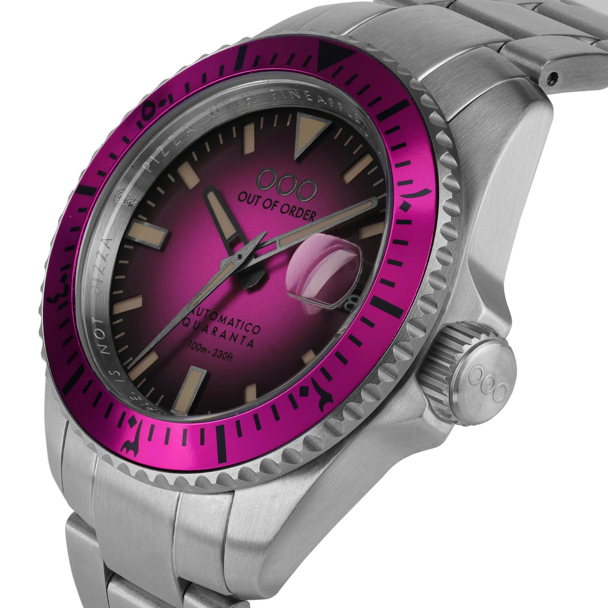 Men's stainless steel watch with magenta dial and magenta bezel, crown on right side.