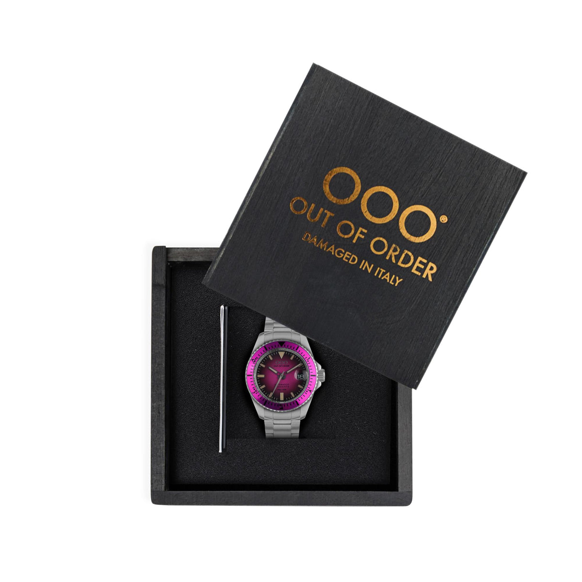 Men's magenta dial watch in a black gift box with Out of Order card.
