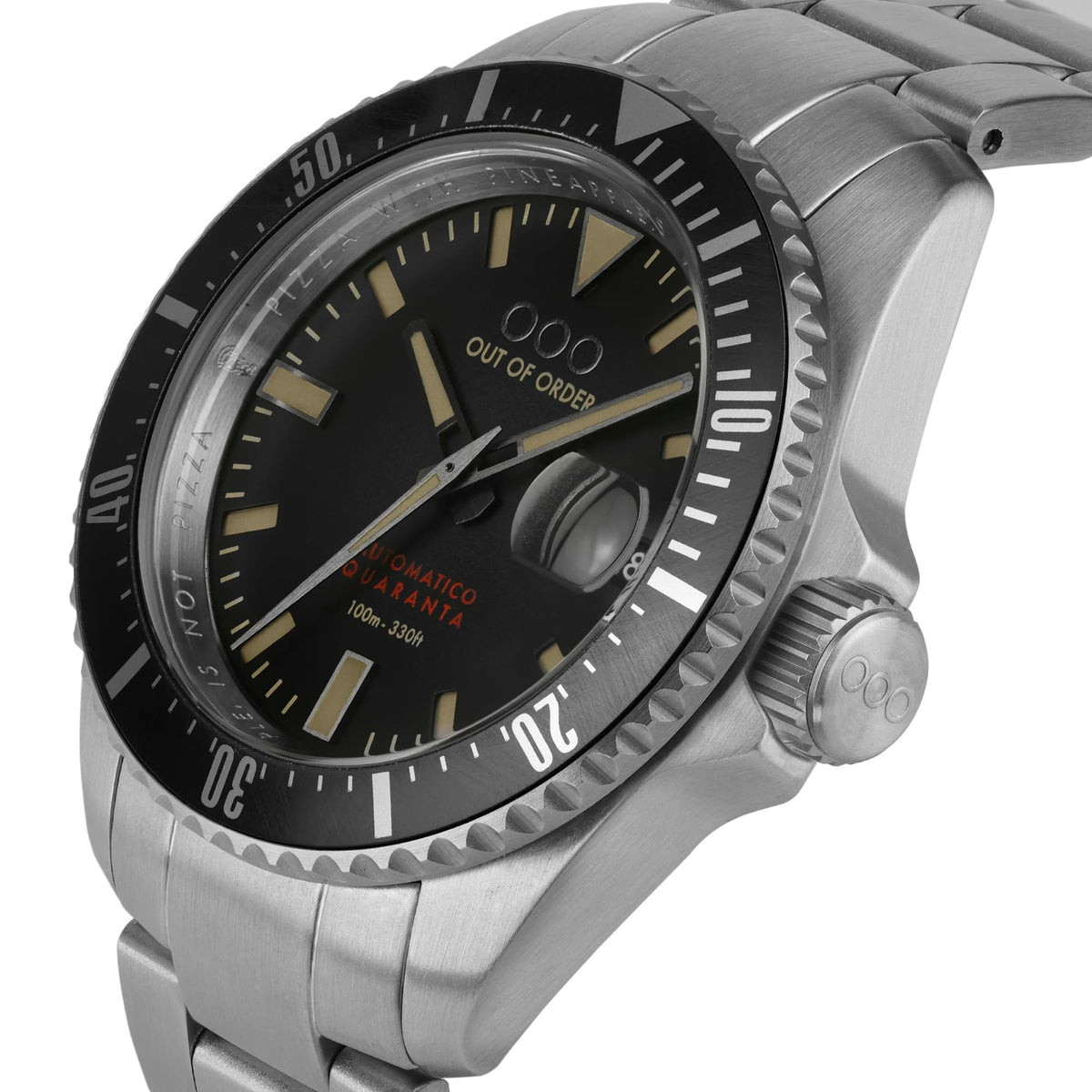 Men's automatic wristwatch angled view, black dial, brushed steel case and crown