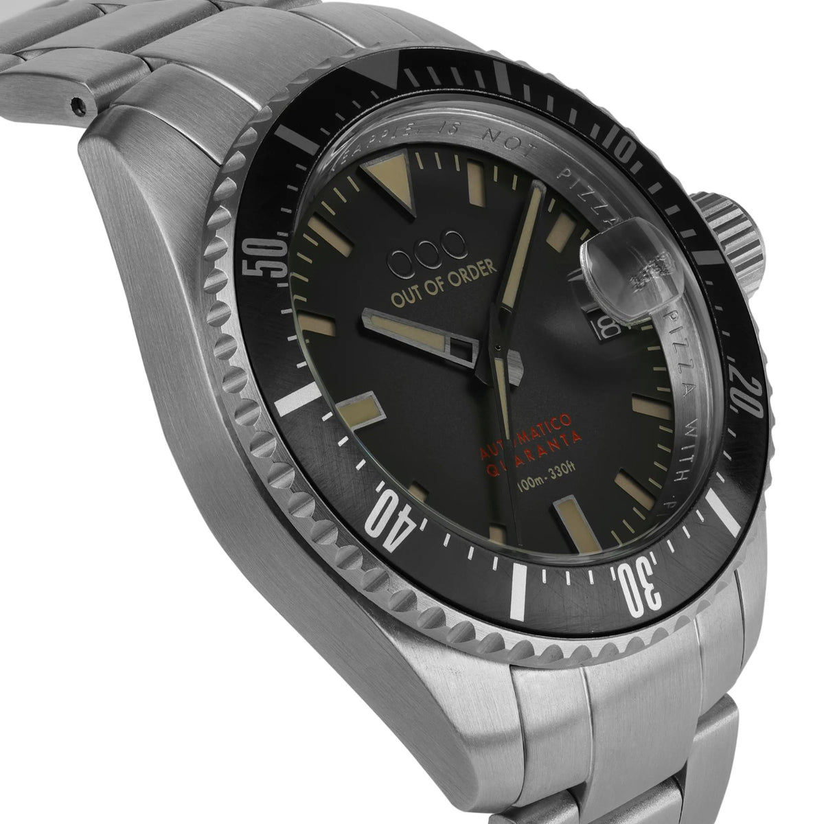 Men's automatic wristwatch close-up, black dial with gold markers, steel bezel
