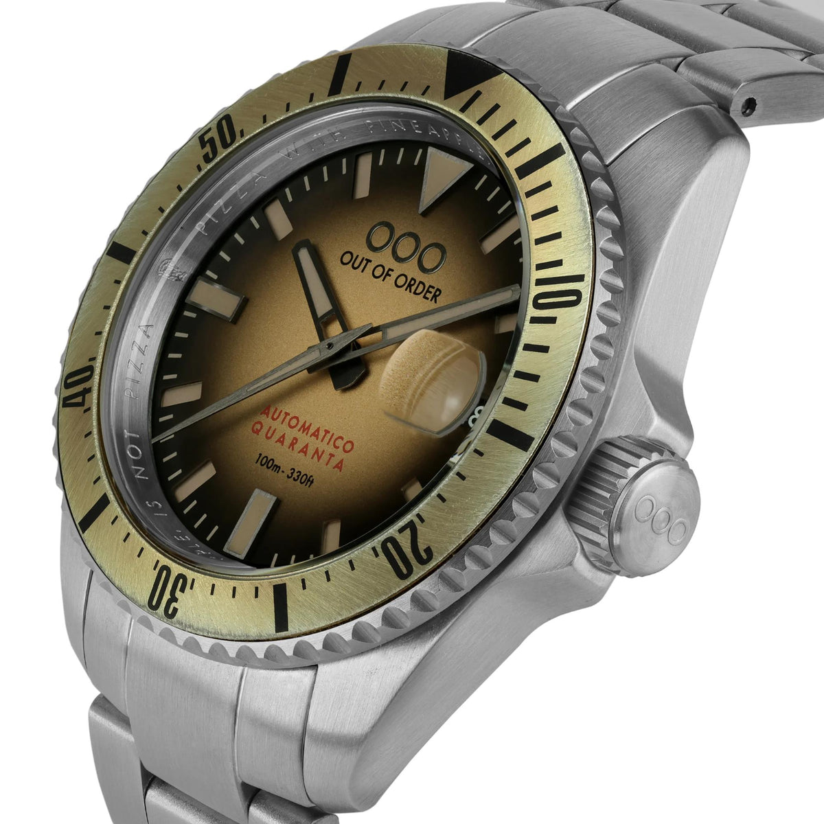 Men's automatic diver watch, sand sunburst dial, steel bracelet, gold-tone bezel markers