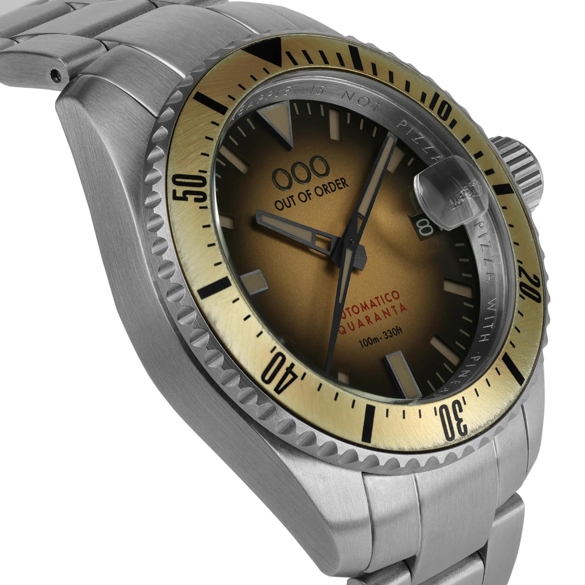 Men's automatic diver watch on steel bracelet, sand dial with black markers and bezel ring