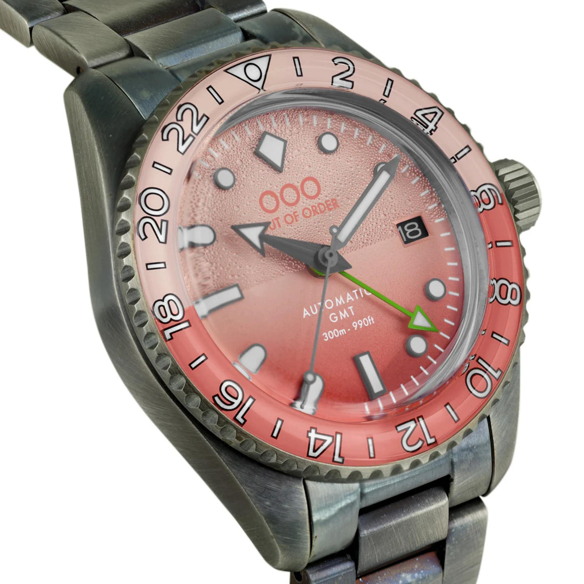 Stainless steel dive-style watch with pink-to-orange distressed dial and date window