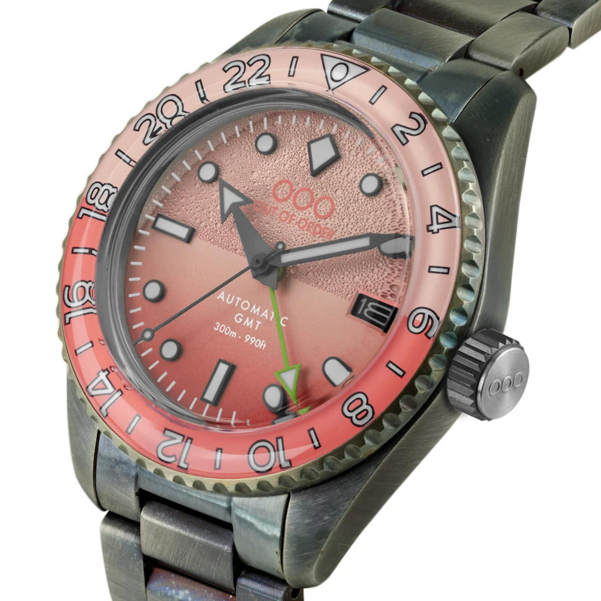 Stainless steel watch with pink-orange distressed dial, baton markers, date at 8