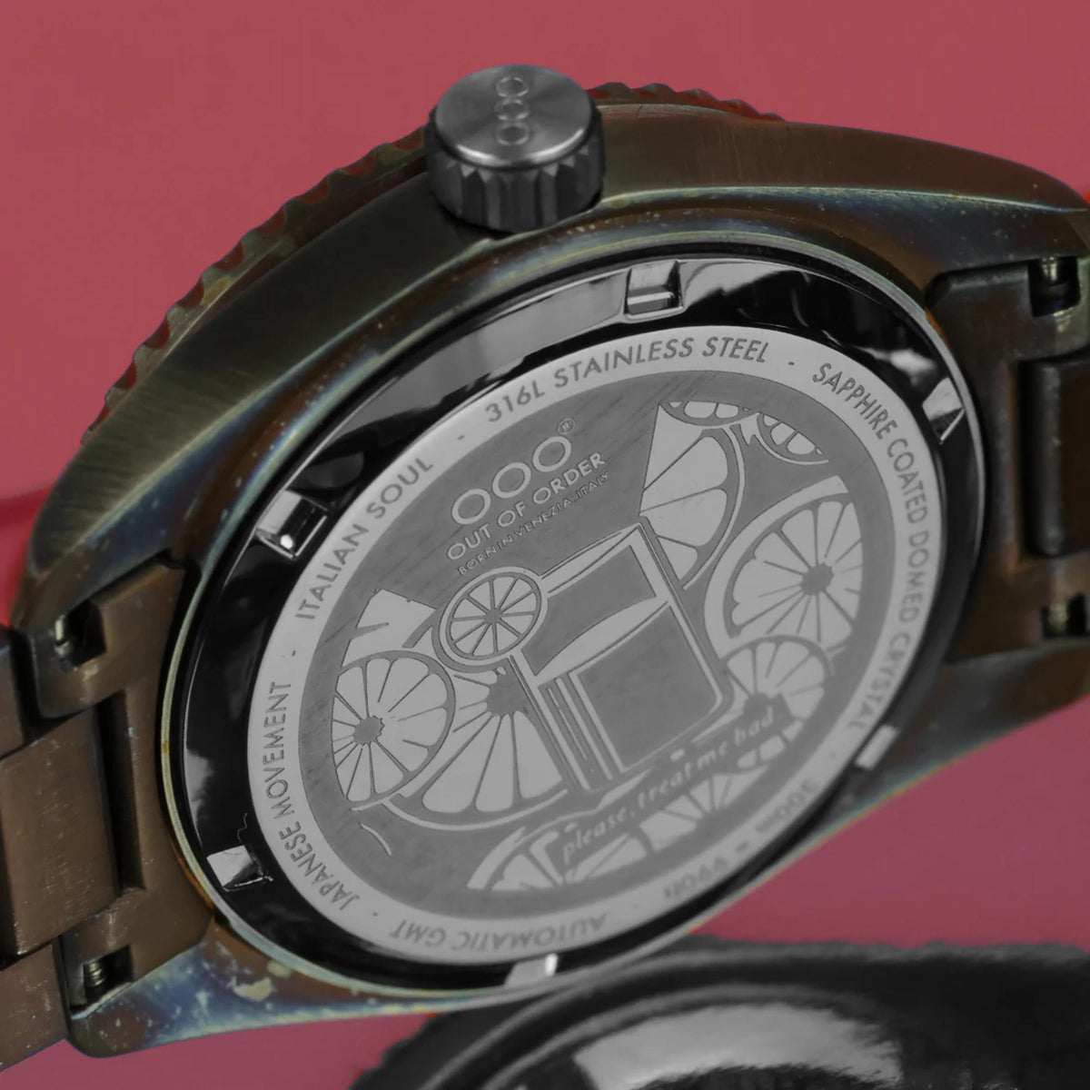 Stainless steel caseback with engraved pattern and “316L stainless steel” text