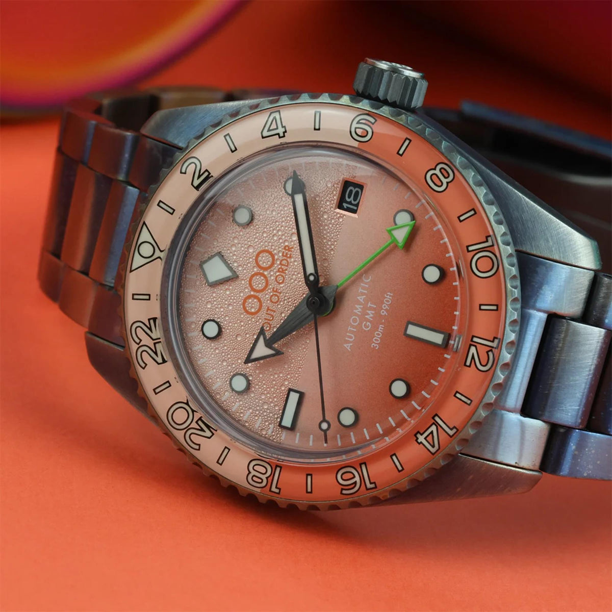Men’s stainless steel watch with orange gradient dial, luminous markers, number bezel