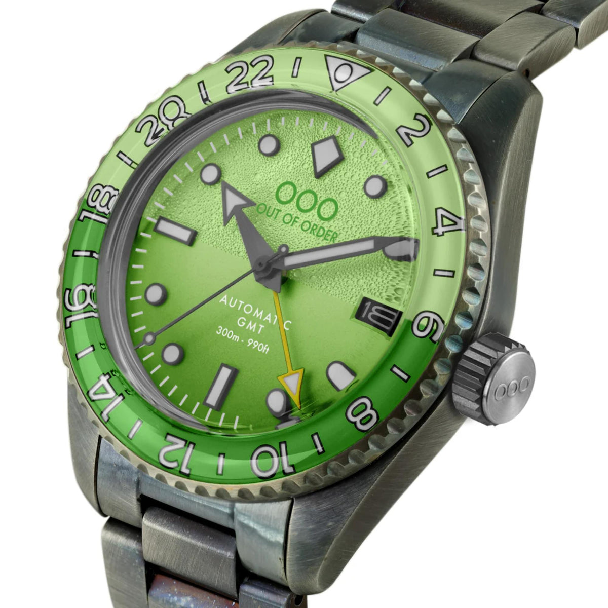 Men's automatic GMT wristwatch with green dial, silver bezel, and steel bracelet with side crown