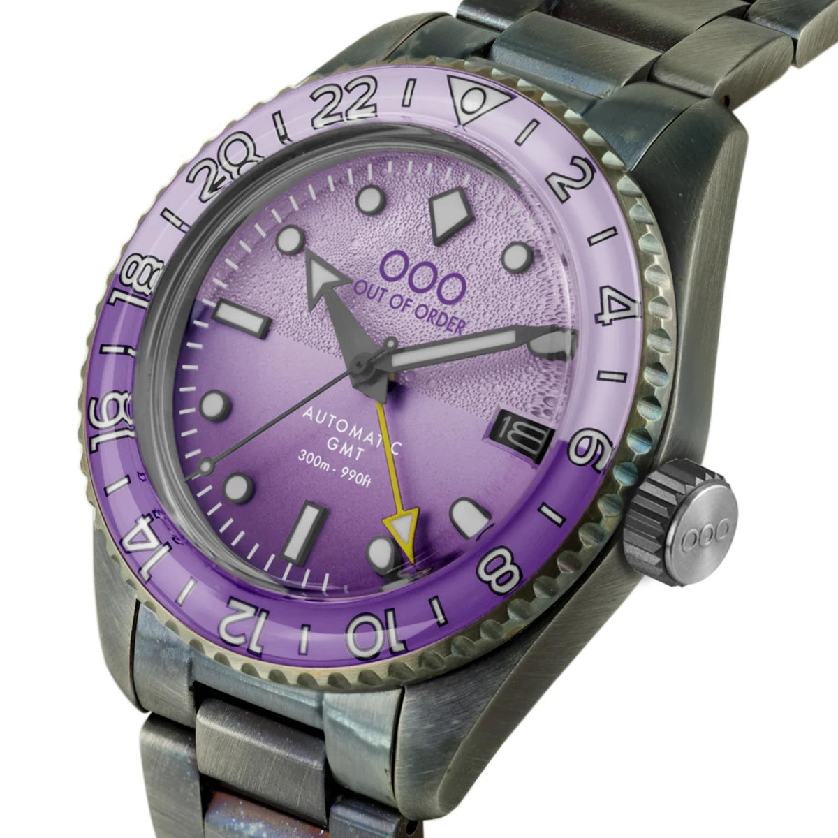 Men's automatic watch with purple dial, dark bezel, and steel link bracelet