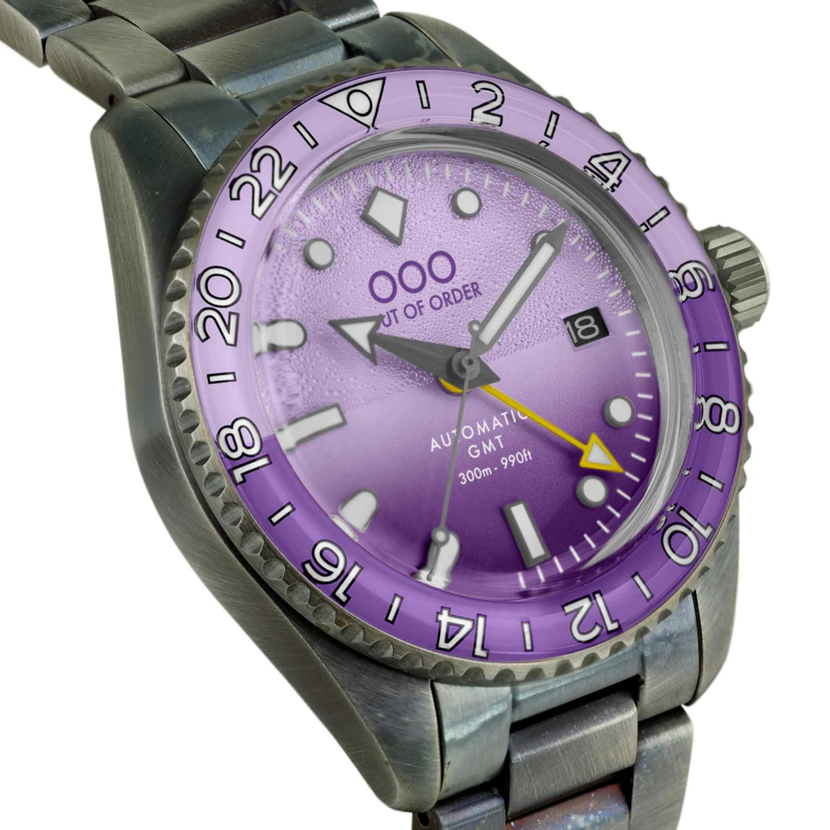 Men's automatic wristwatch with purple dial and dark steel bracelet, angled view