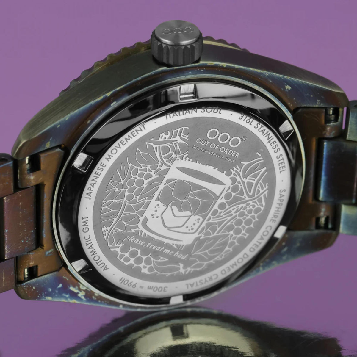 Back of men's automatic watch with engraved caseback and dark steel bracelet