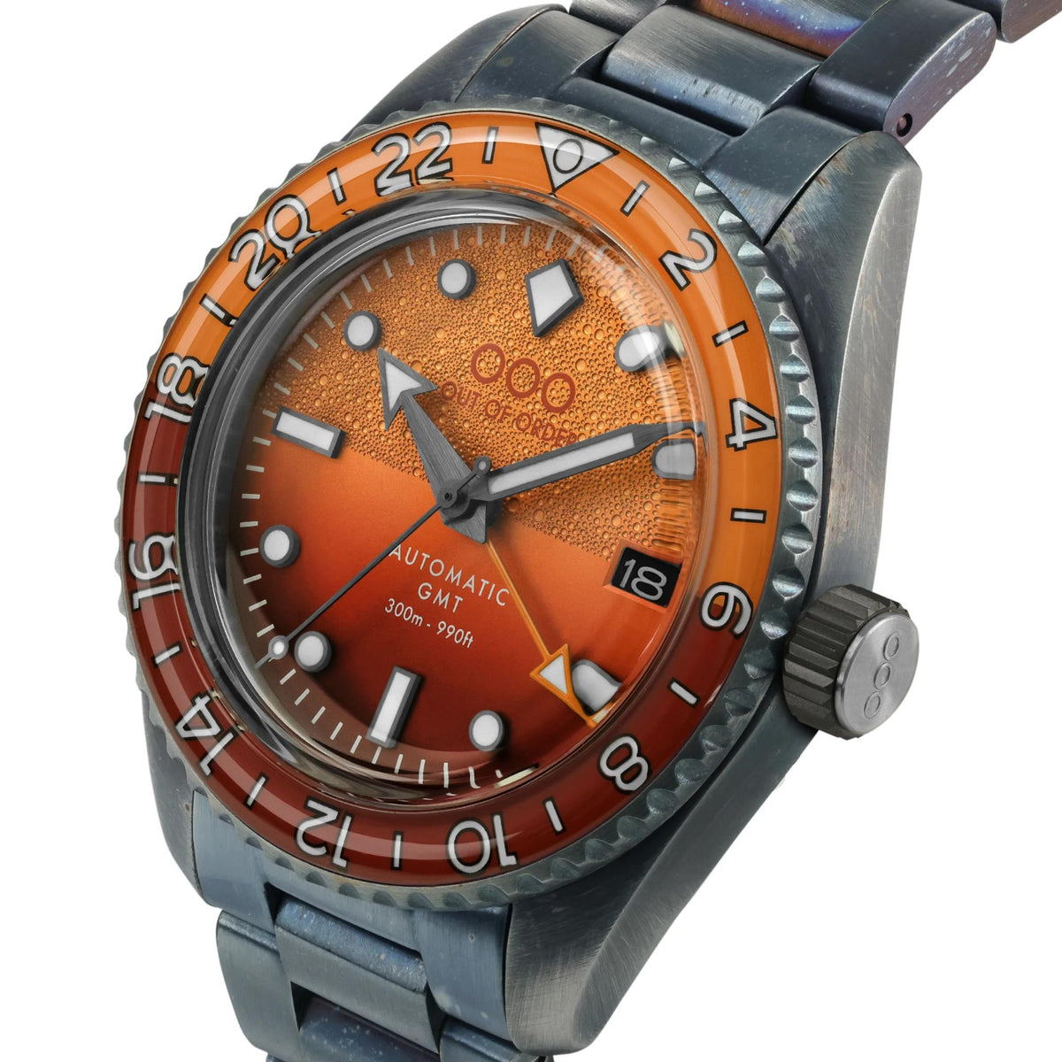 Men's automatic GMT watch with orange dial, steel bezel, and stainless steel strap