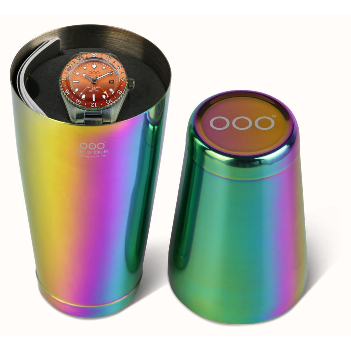 Out Of Order Negroni shaker cups, iridescent metal, with OOO logo