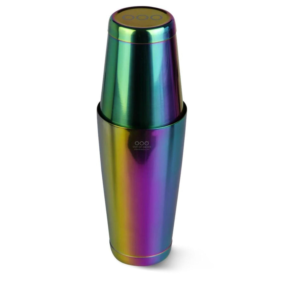 Out Of Order Negroni shaker cup, iridescent metal with OOO logo