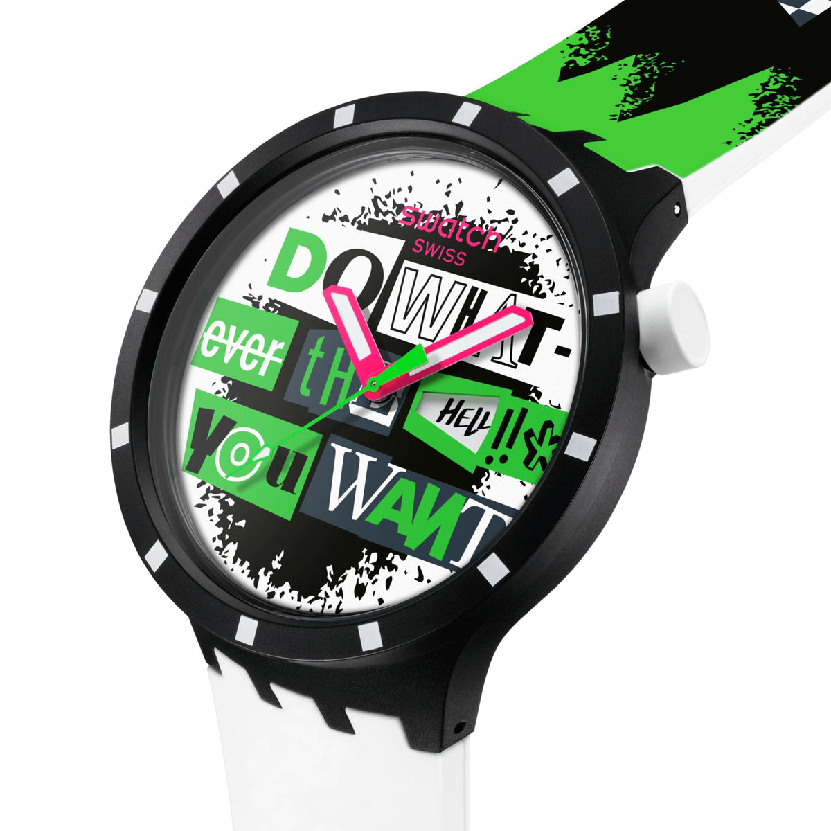 Black-cased silicone watch with white strap and colorful pop-art graphic dial