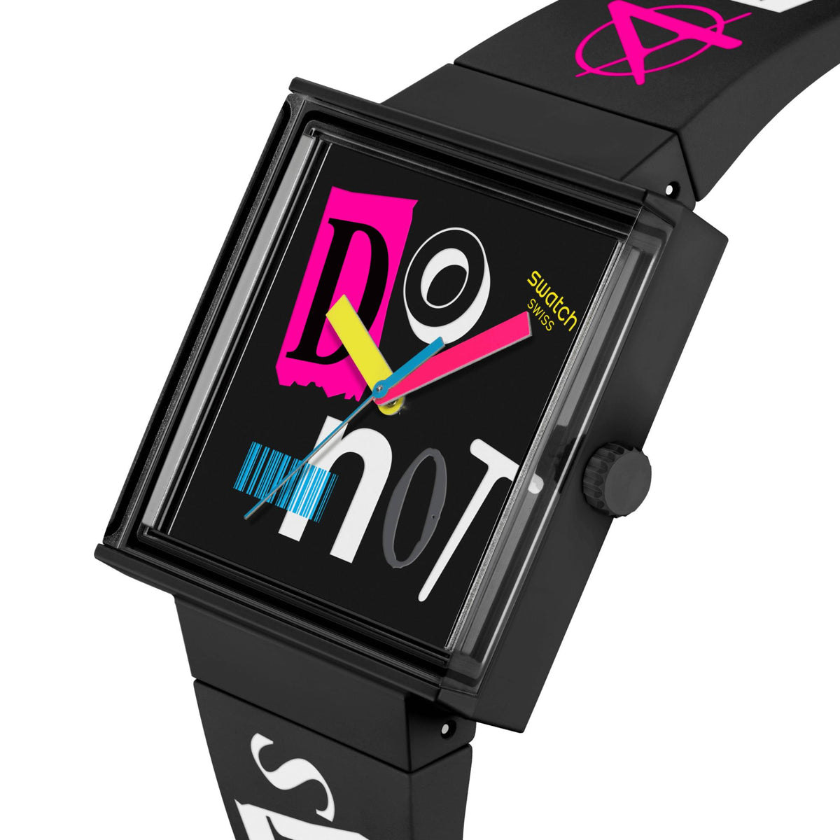 Black silicone strap square watch with black dial, pink graphics, and multicolor hands