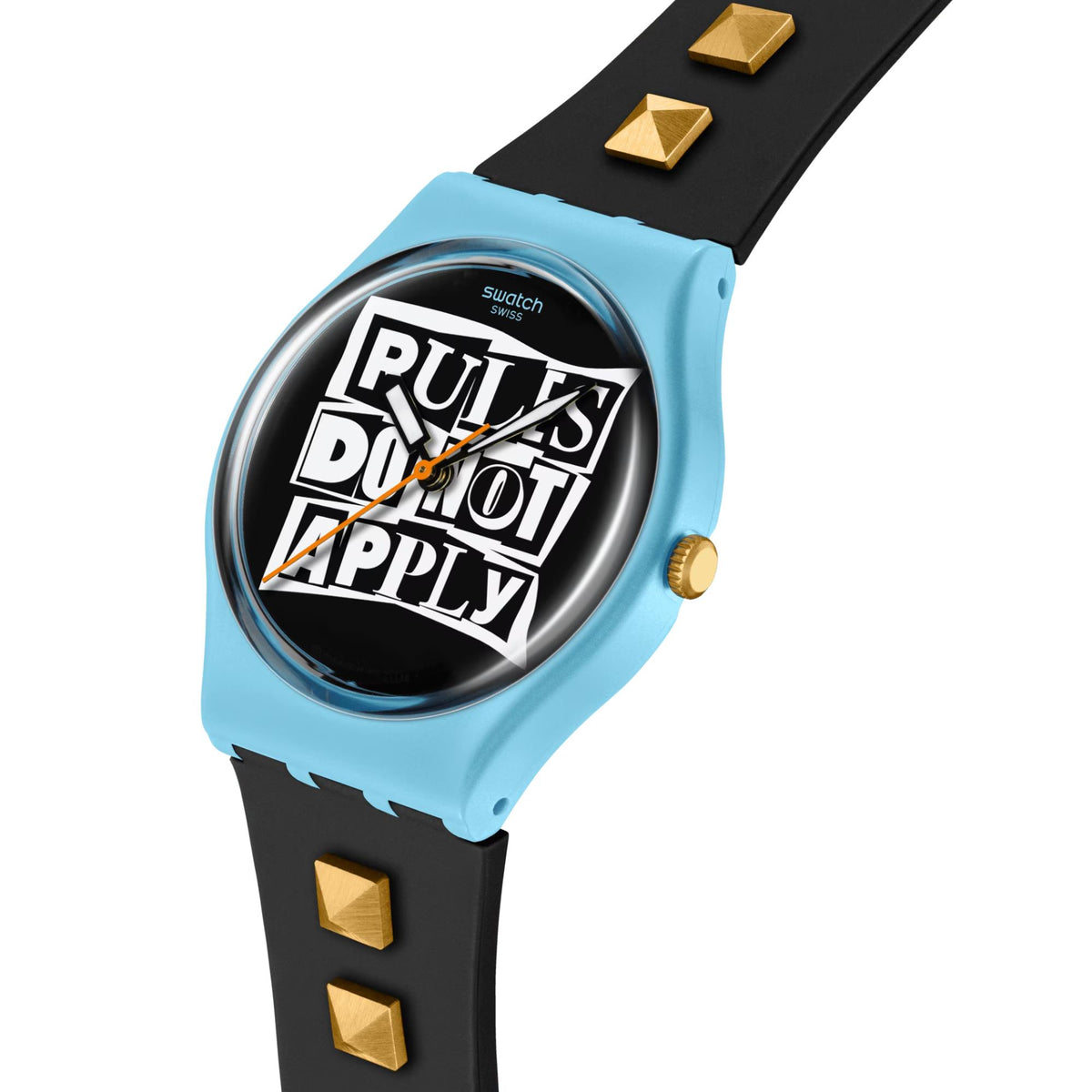 Blue and black silicone watch with graphic black dial and gold stud accents