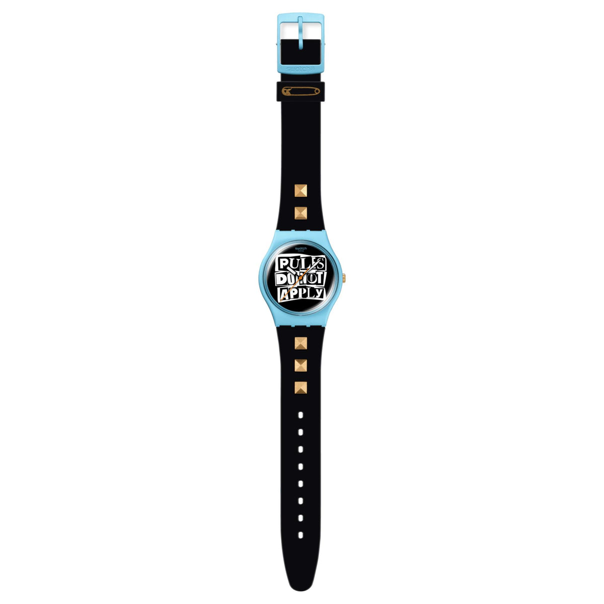 Black silicone watch with light-blue face, gold markers, and buckle strap
