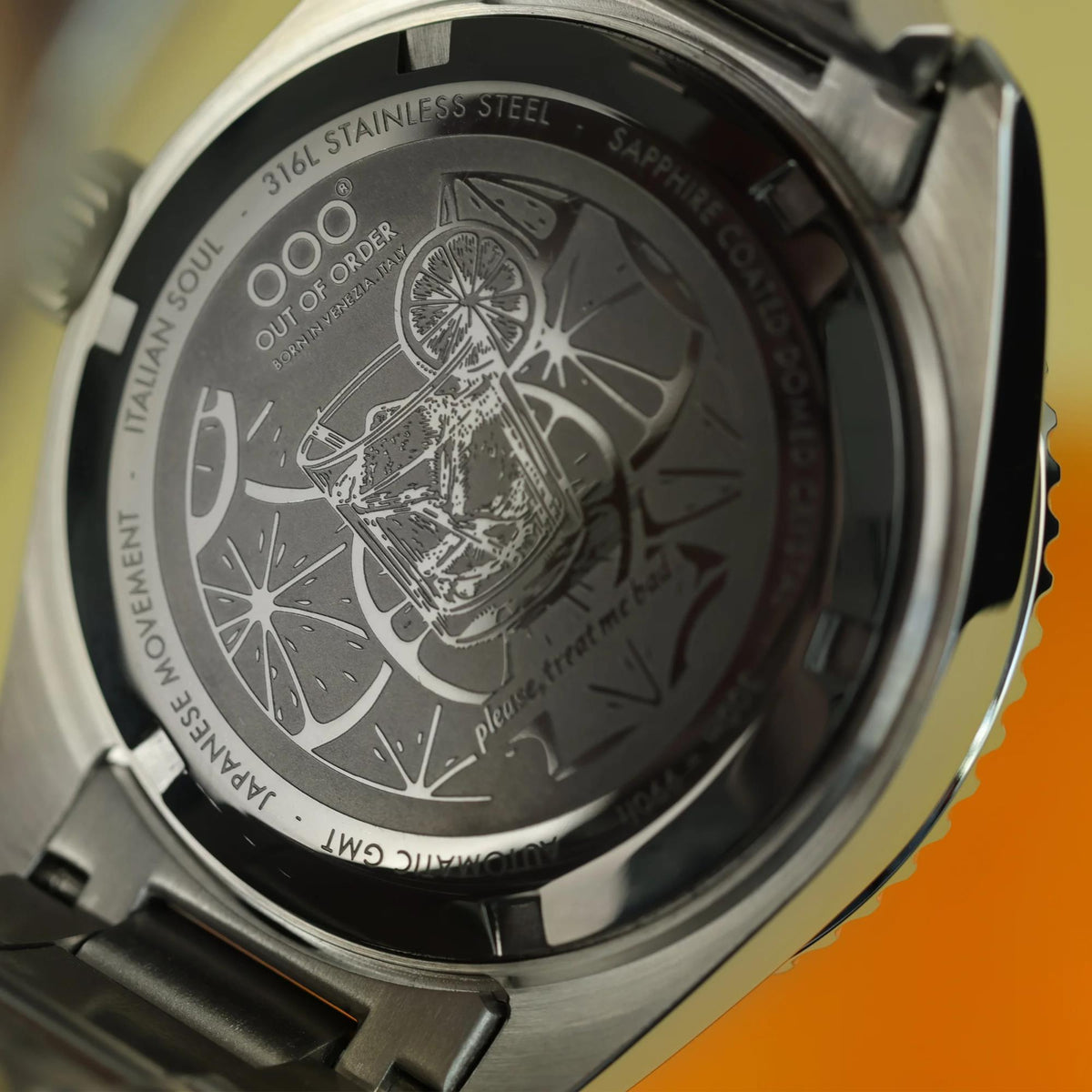 Stainless steel watch caseback with engraved Out Of Order Negroni logo