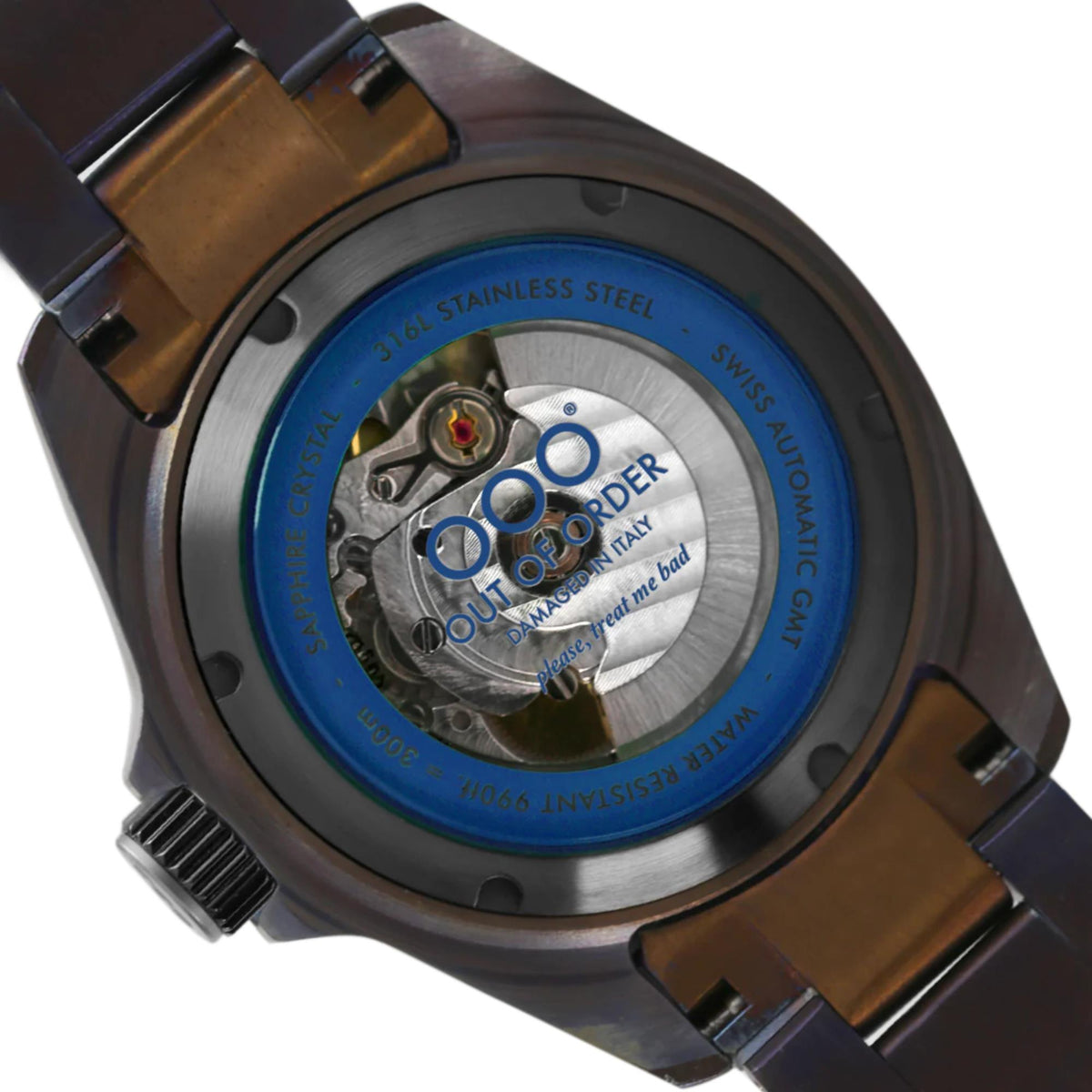 Men's automatic GMT wristwatch see-through caseback showing mechanical movement