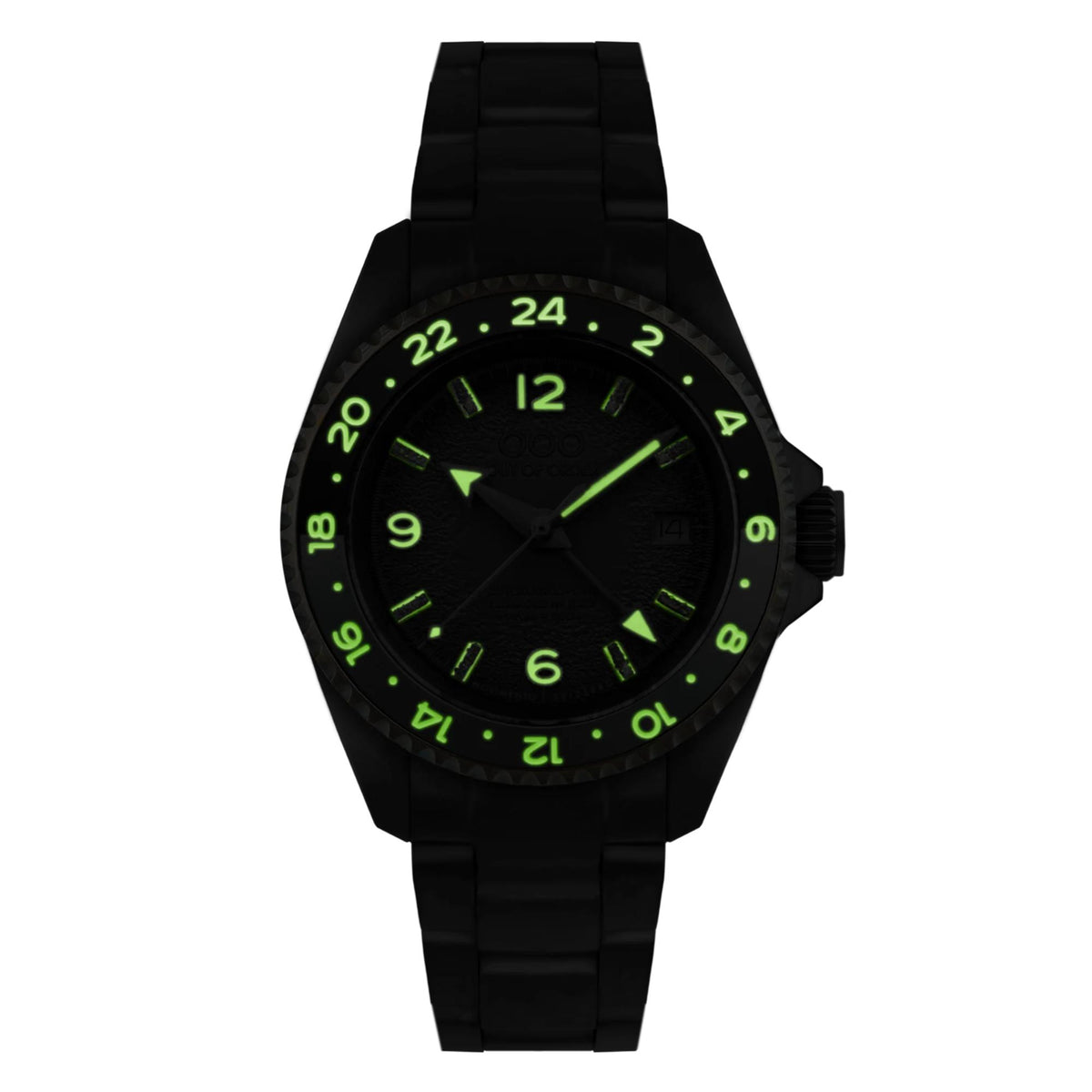 Men's automatic wristwatch with green dial, black strap, and black octagonal case.